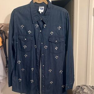 DG2 by Diane Gilman Navy Button Down Shirt with Embellishments
